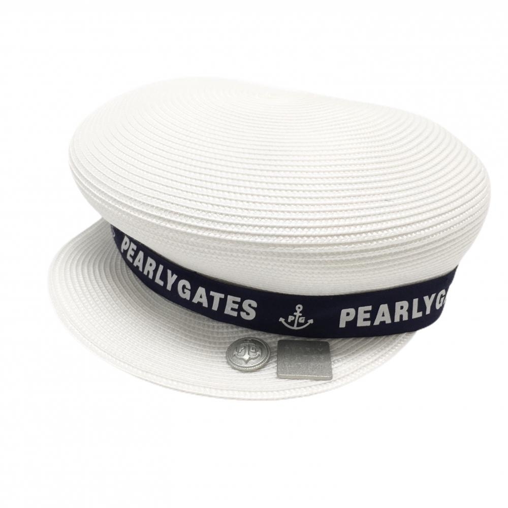 【美品】パーリーゲイツ キャスケット 白×ネイビー 英字ロゴライン マリンハット レディース F ゴルフウェア PEARLY GATES