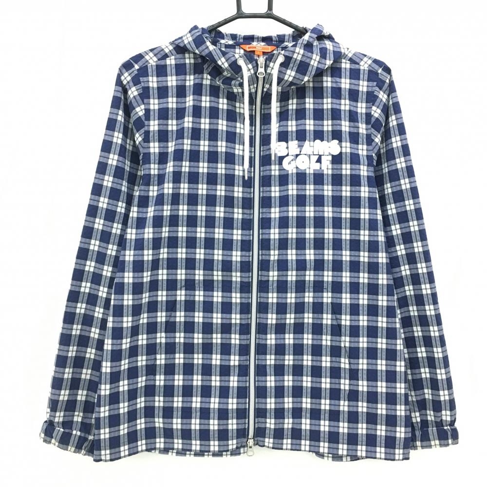 ビームスゴルフ ジップパーカー ネイビー×白 チェック サッカー生地 バックロゴ ジャケット  レディース L ゴルフウェア BEAMS GOLF