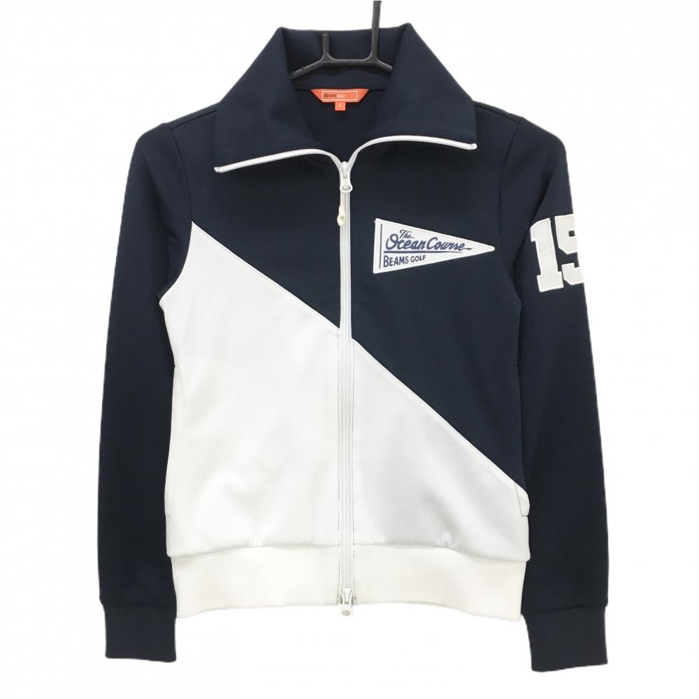 【超美品】ビームスゴルフ ジャケット 白×ネイビー バイカラー ワッペン 背面ロゴ刺しゅう  レディース S ゴルフウェア BEAMS GOLF