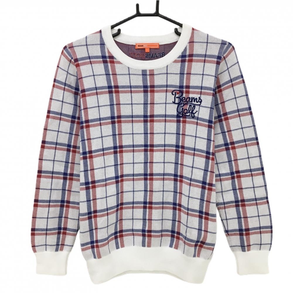 【美品】ビームスゴルフ セーター 白×ブルー チェック ロゴ刺しゅう コットン100％ レディース L ゴルフウェア BEAMS GOLF