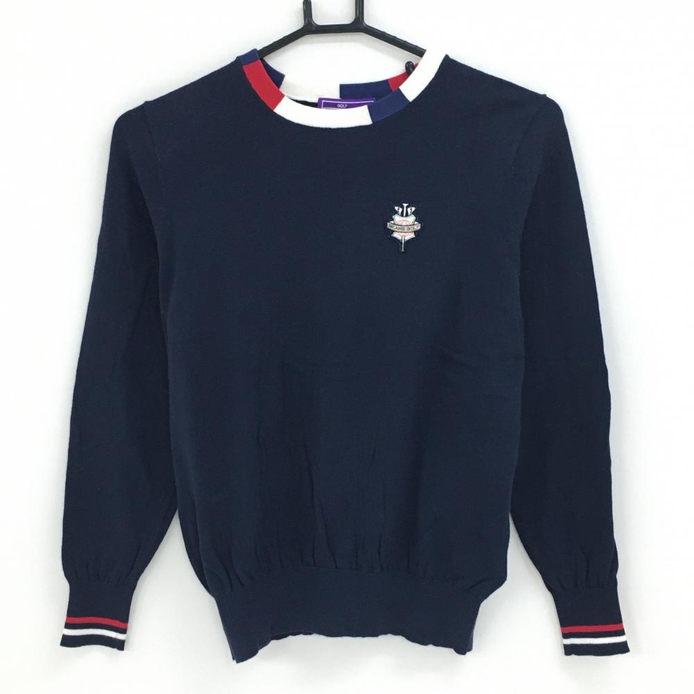 ビームスゴルフ セーター ネイビー×レッド ネック・袖口ライン コットン100％ ニット  レディース M ゴルフウェア BEAMS GOLF