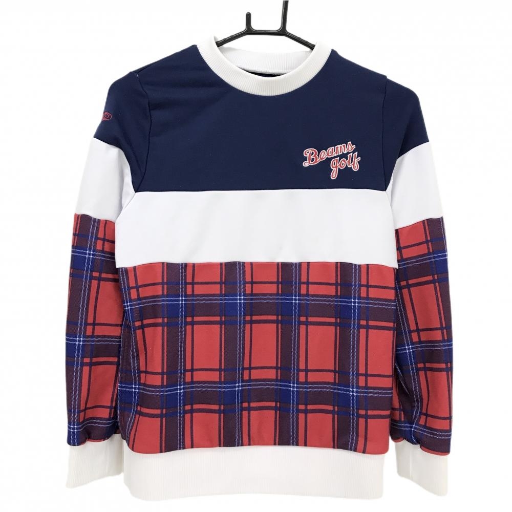 ビームスゴルフ トレーナー ネイビー×レッド 一部チェック ロゴ刺しゅう  レディース M ゴルフウェア BEAMS GOLF