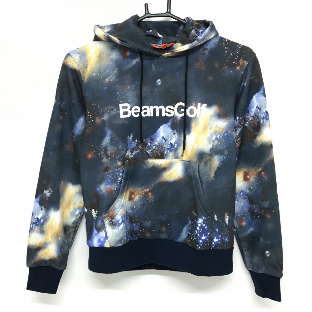 【美品】ビームスゴルフ パーカー グレー×イエロー系 総柄 ロゴプリント トレーナー  レディース Ｓ ゴルフウェア BEAMS GOLF