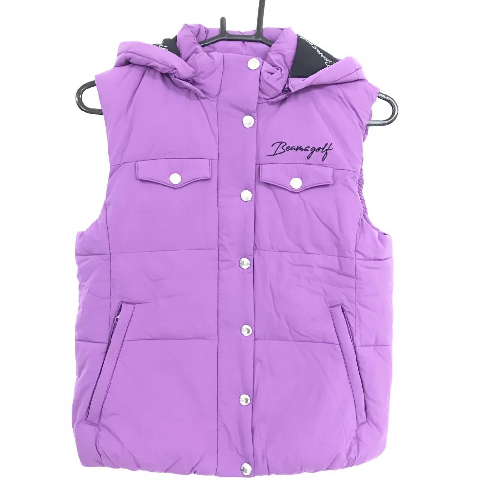 【超美品】ビームスゴルフ フード付中綿ベスト パープル 内側ロゴ総柄 フード着脱可 レディース S ゴルフウェア BEAMS GOLF