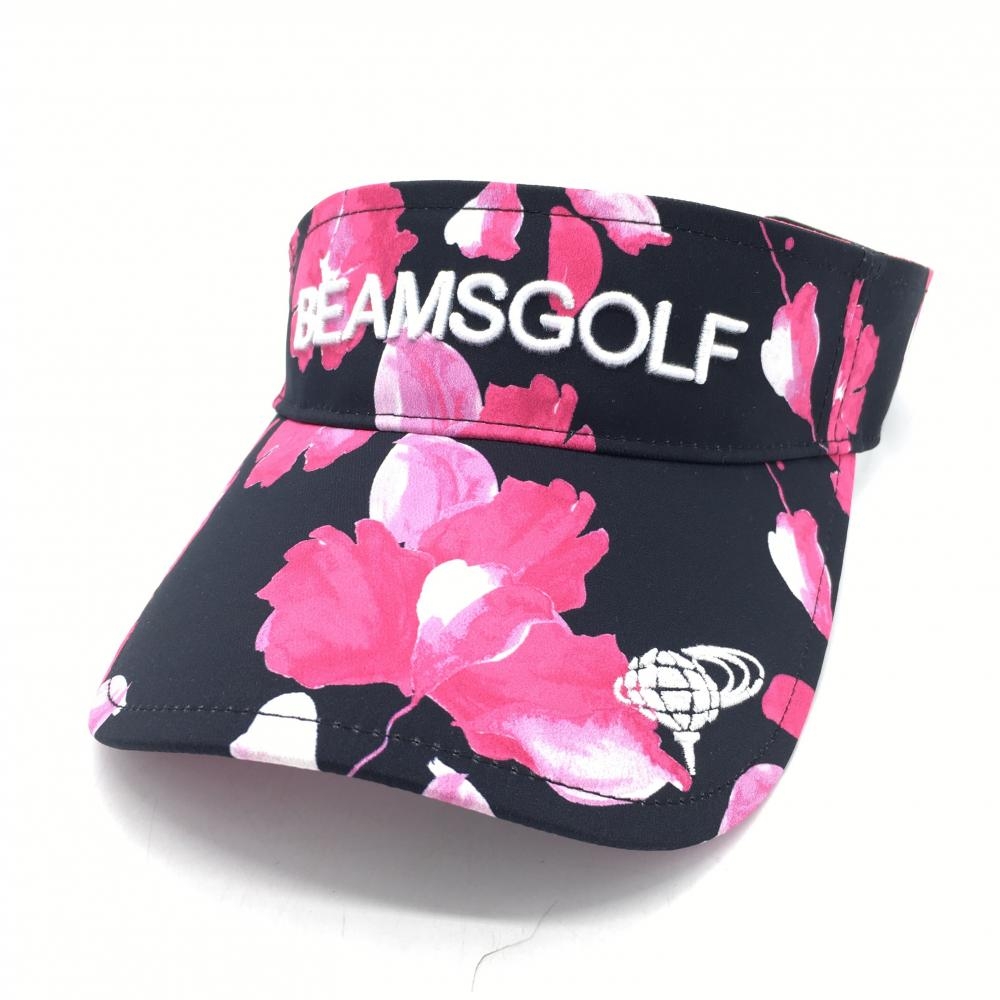 【新品】10％OFF〜BEAMS GOLF ビームスゴルフ サンバイザー 黒×ピンク 花柄 汗取りパッド付 レディース 54-56cm ゴルフウェア