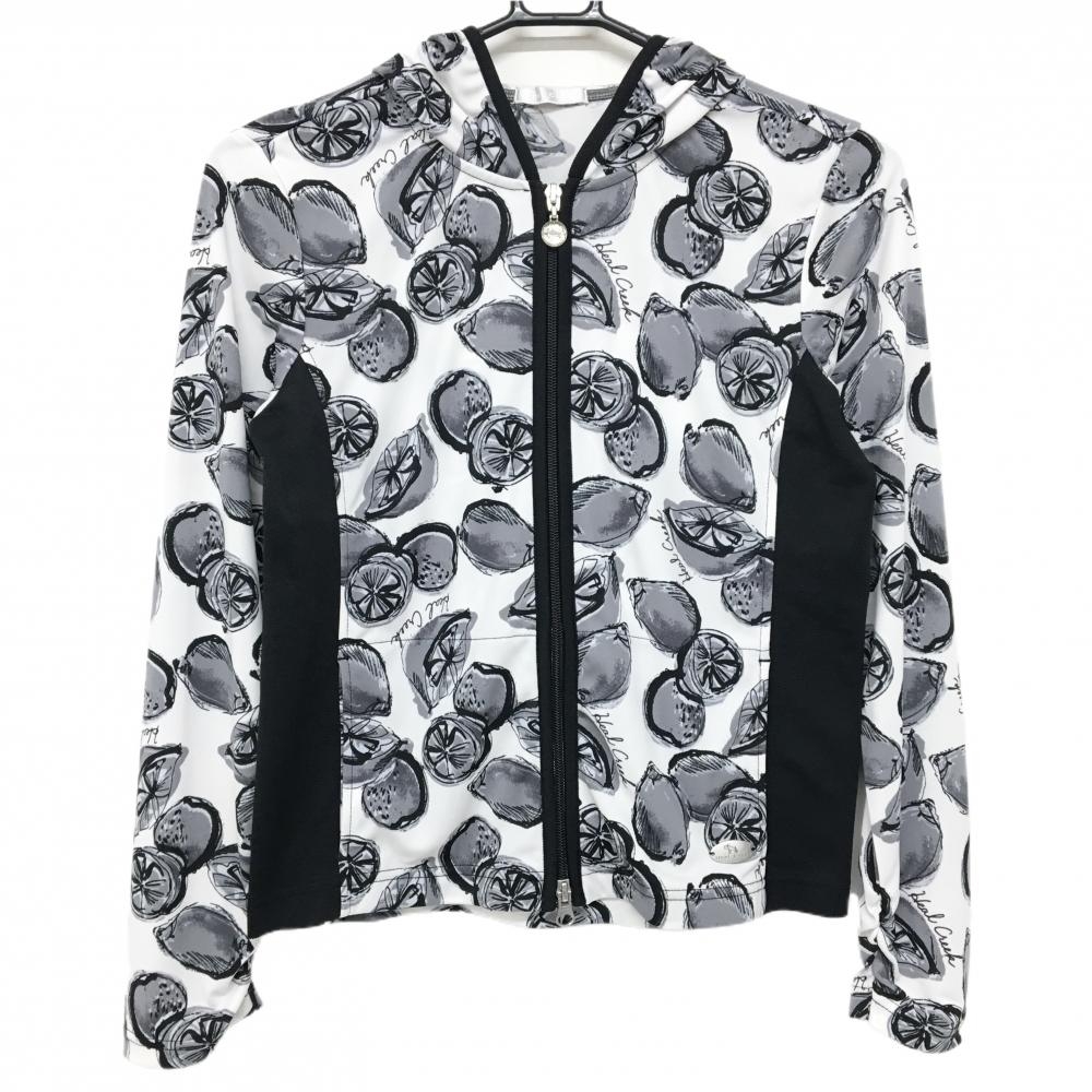 【超美品】ヒールクリーク ジップパーカー 白×黒 レモン柄 サイド切替 ブルゾン レディース 40(M) ゴルフウェア Heal Creek