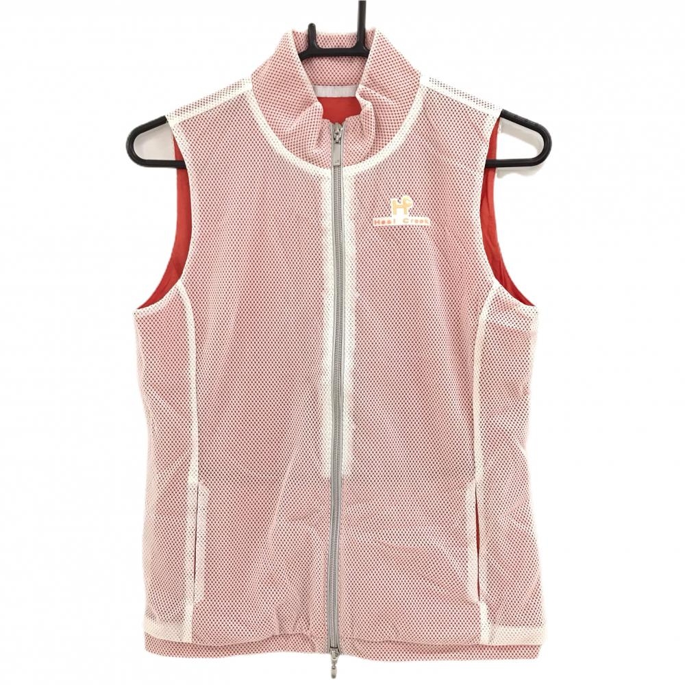 【超美品】ヒールクリーク アウターベスト 白×オレンジ メッシュ生地 裏地有り ロゴプリント レディース 40(M) ゴルフウェア Heal Creek