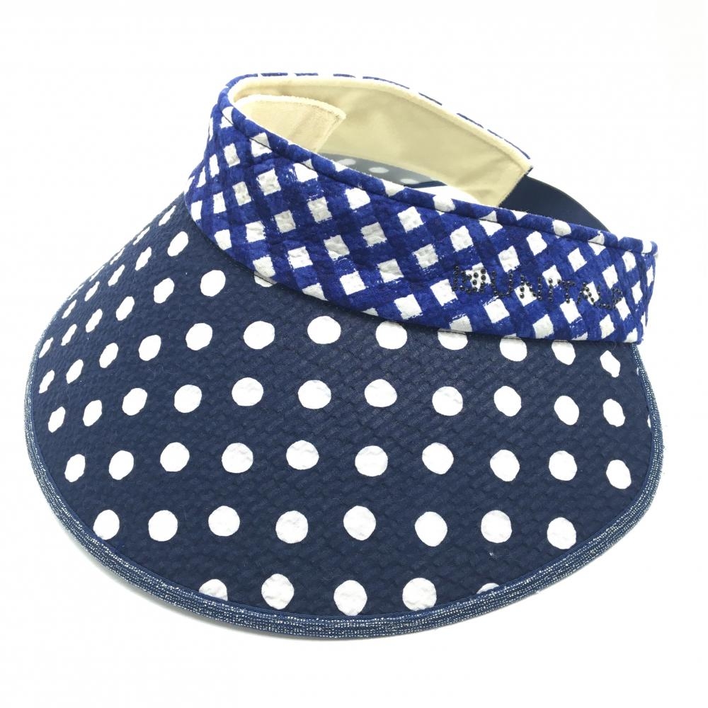 【美品】ムニタルプ つば広サンバイザー ネイビー×白 ドット チェック ヒールクリーク レディース 40 ゴルフウェア Heal Creek
