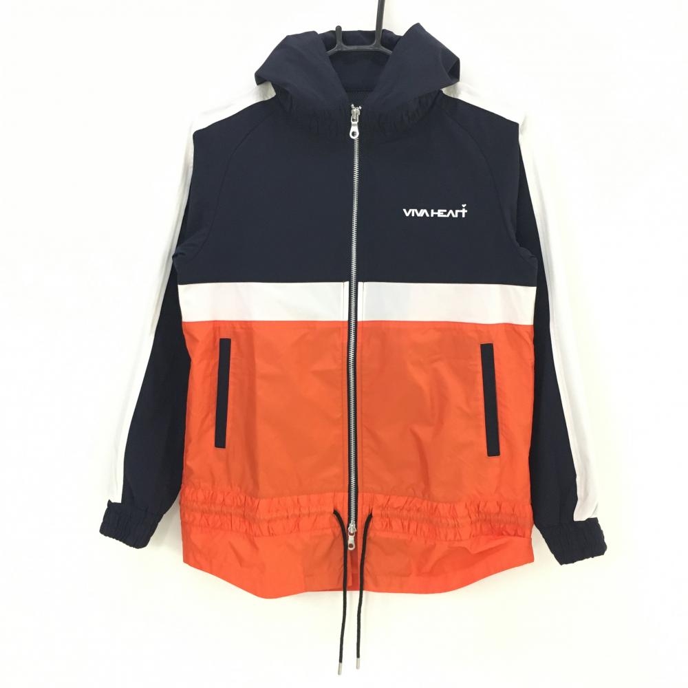 【超美品】ビバハート 切替パーカー ネイビー×オレンジ 3トーンカラー ストレッチ 裏地なし レディース 40(L) ゴルフウェア VIVA HEART