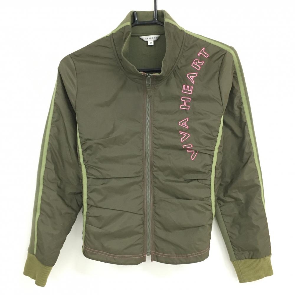 ビバハート ジャケット カーキ 異素材切替 ロゴピンク  レディース 42(L) ゴルフウェア VIVA HEART