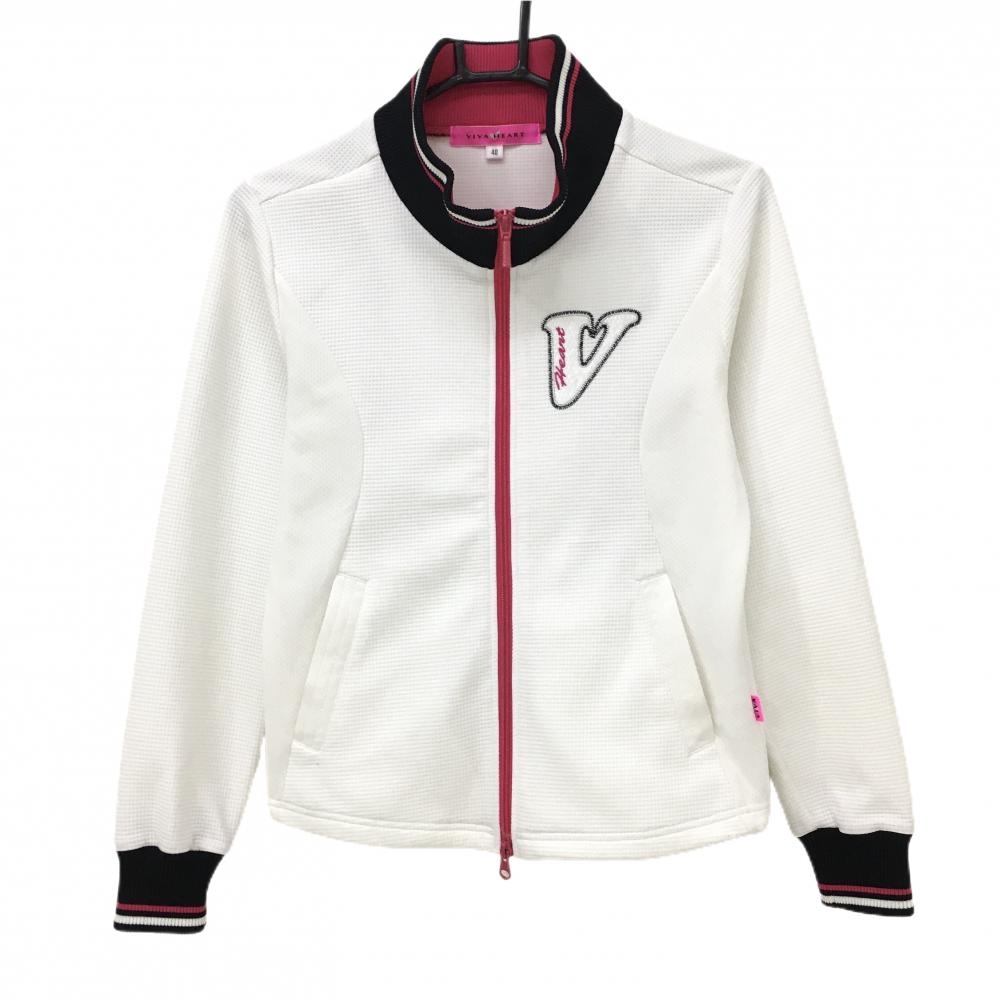 【美品】ビバハート ジャケットブルゾン 白×黒 凸凹生地 胸元ロゴ  レディース 40(M) ゴルフウェア VIVA HEART