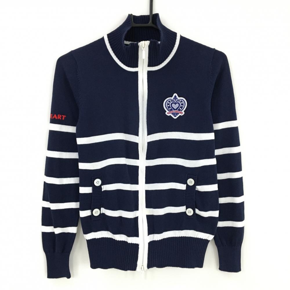 ビバハート ニットジャケット ネイビー×白 ボーダー 胸ロゴ レディース 40(M) ゴルフウェア VIVA HEART