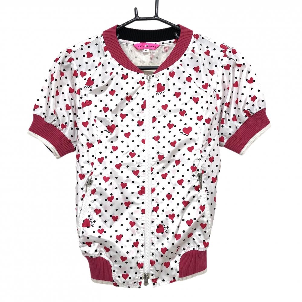 【美品】ビバハート 半袖ジャケット 白×黒×ピンク ハート柄 ドット 背面一部メッシュ レディース 40(M) ゴルフウェア VIVA HEART