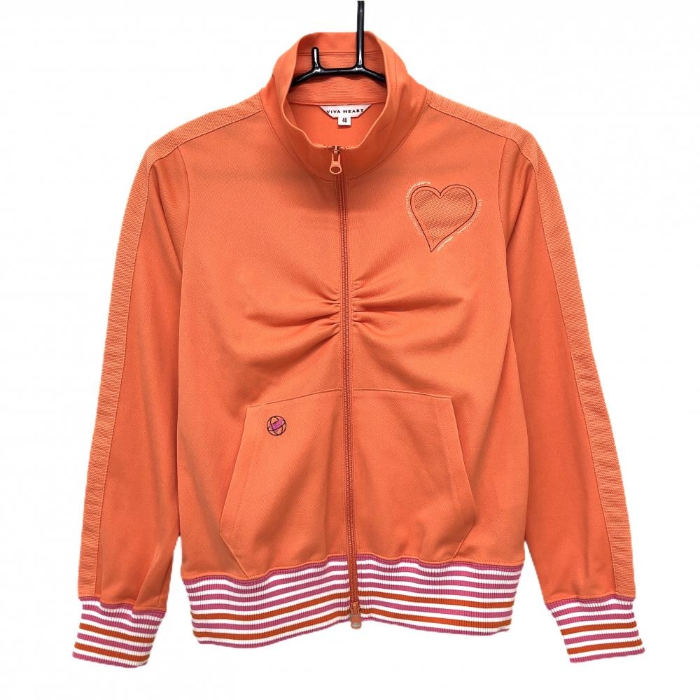 【超美品】ビバハート ジャケット オレンジ ハート 袖口ボーダー 胸元シャーリング レディース 40(M) ゴルフウェア VIVA HEART