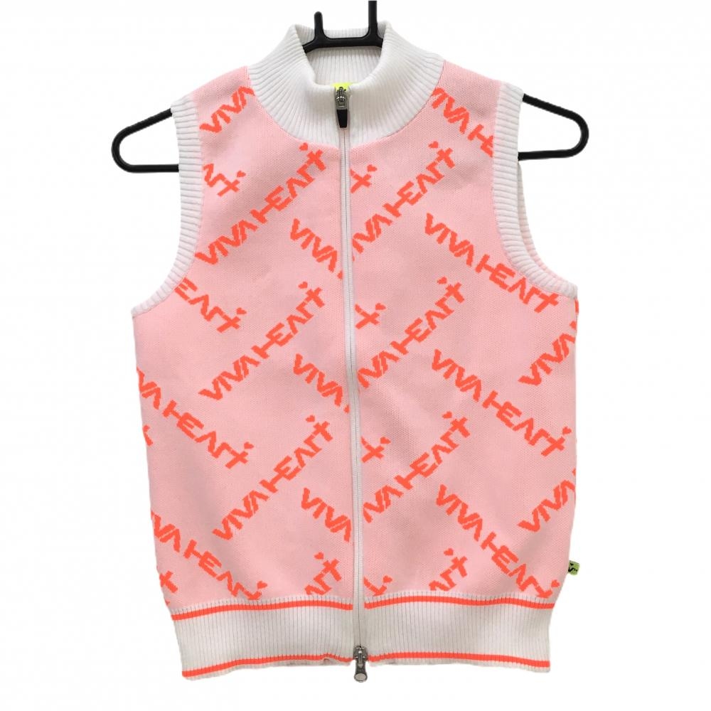 【超美品】ビバハート ニットベスト 白×オレンジ ロゴ総柄  レディース 38(S) ゴルフウェア VIVA HEART