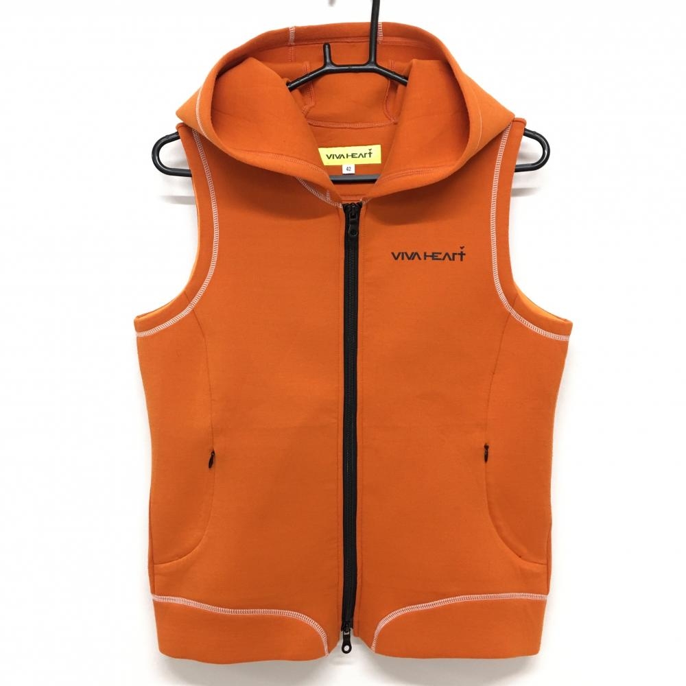 ビバハート フード付きベスト オレンジ×黒 白ステッチ ロゴプリント レディース 42(L) ゴルフウェア VIVA HEART