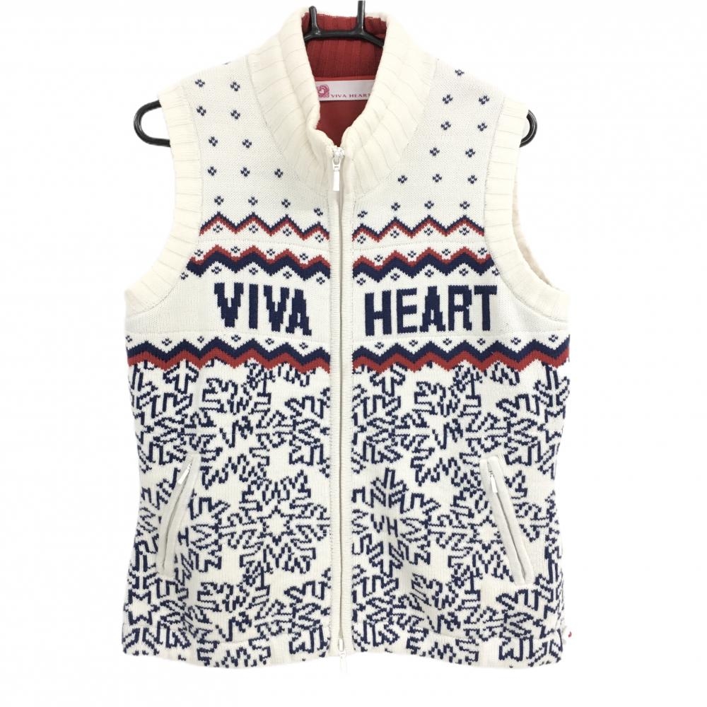 ビバハート アウターベスト アイボリー×ネイビー ニット ノルディック柄 ウール混 裏地付き レディース 42(L) ゴルフウェア VIVA HEART