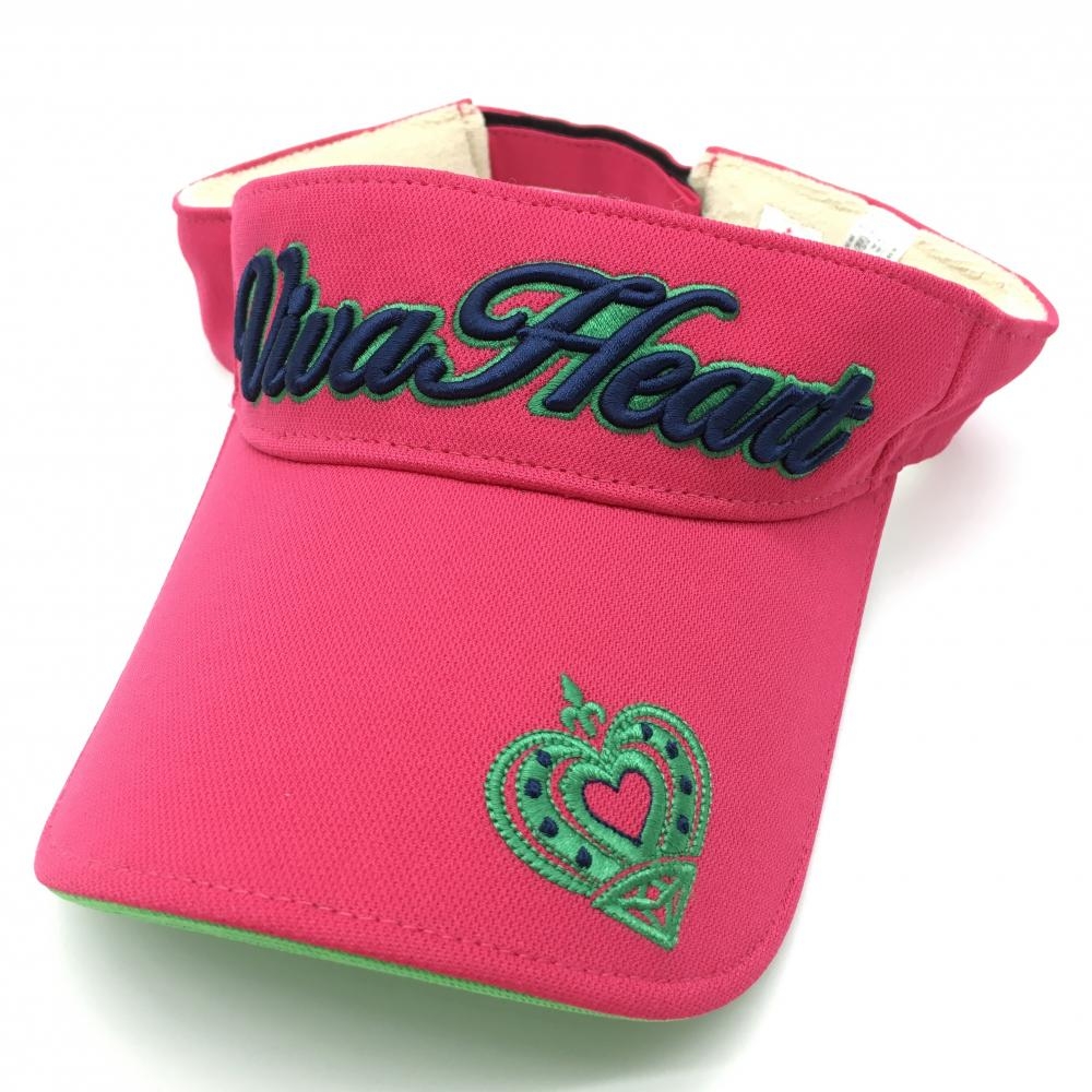 【美品】ビバハート サンバイザー ピンク×グリーン 立体刺しゅう レディース 40 ゴルフウェア VIVA HEART