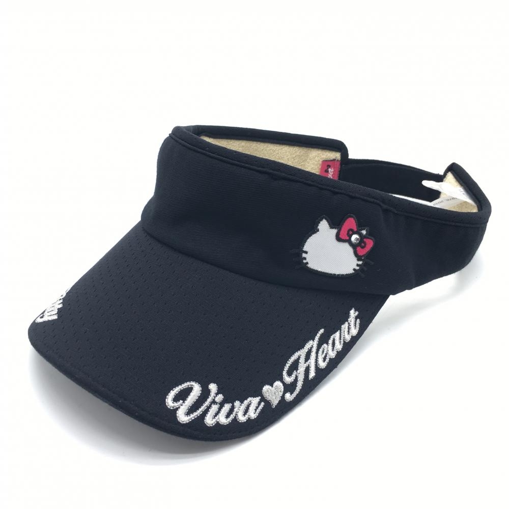 【超美品】ビバハート×ハローキティ サンバイザー 黒×白 つば刺しゅう 内側パイル地  レディース 40 ゴルフウェア VIVA HEART