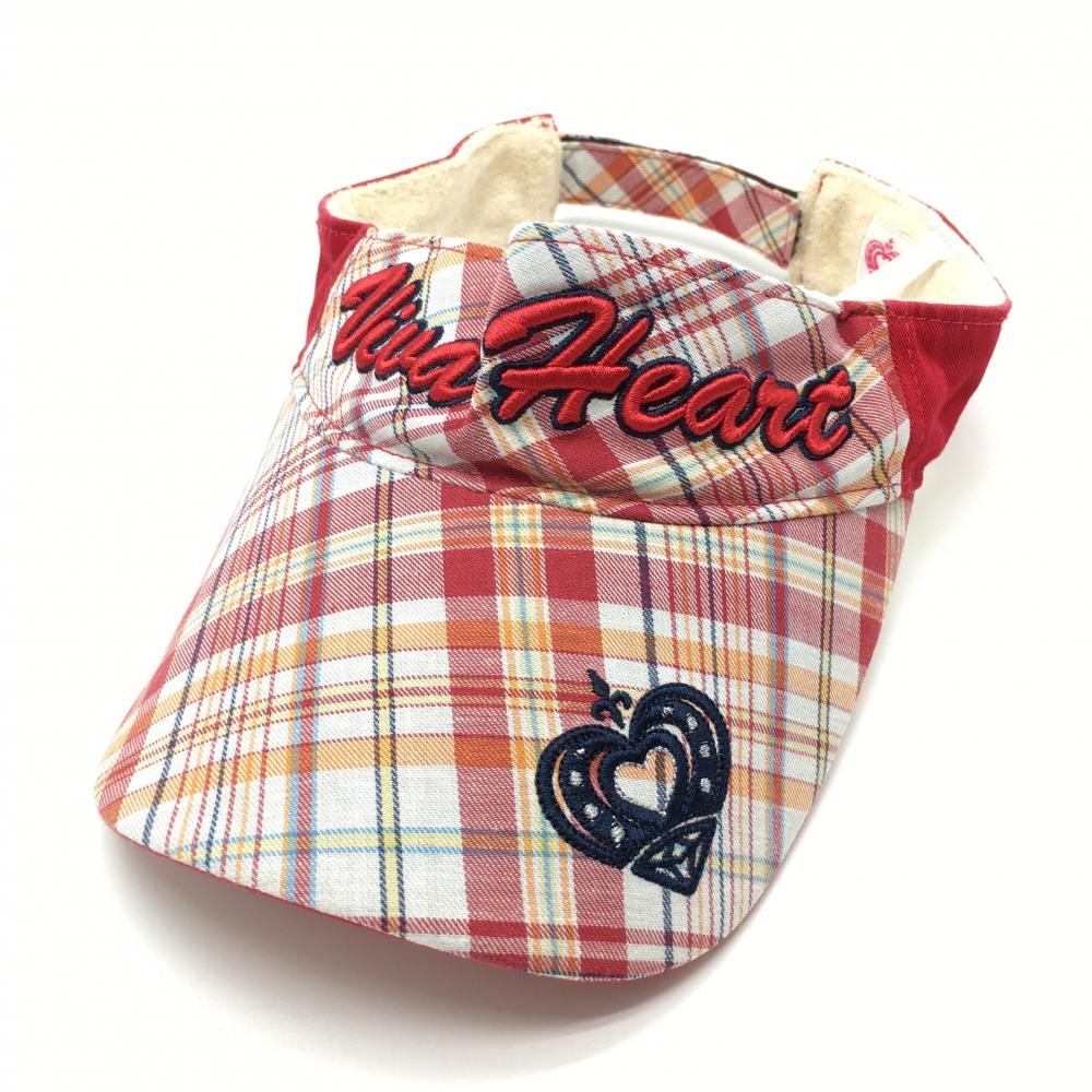 【美品】ビバハート サンバイザー レッド×白系 チェック柄 レディース 40 ゴルフウェア VIVA HEART