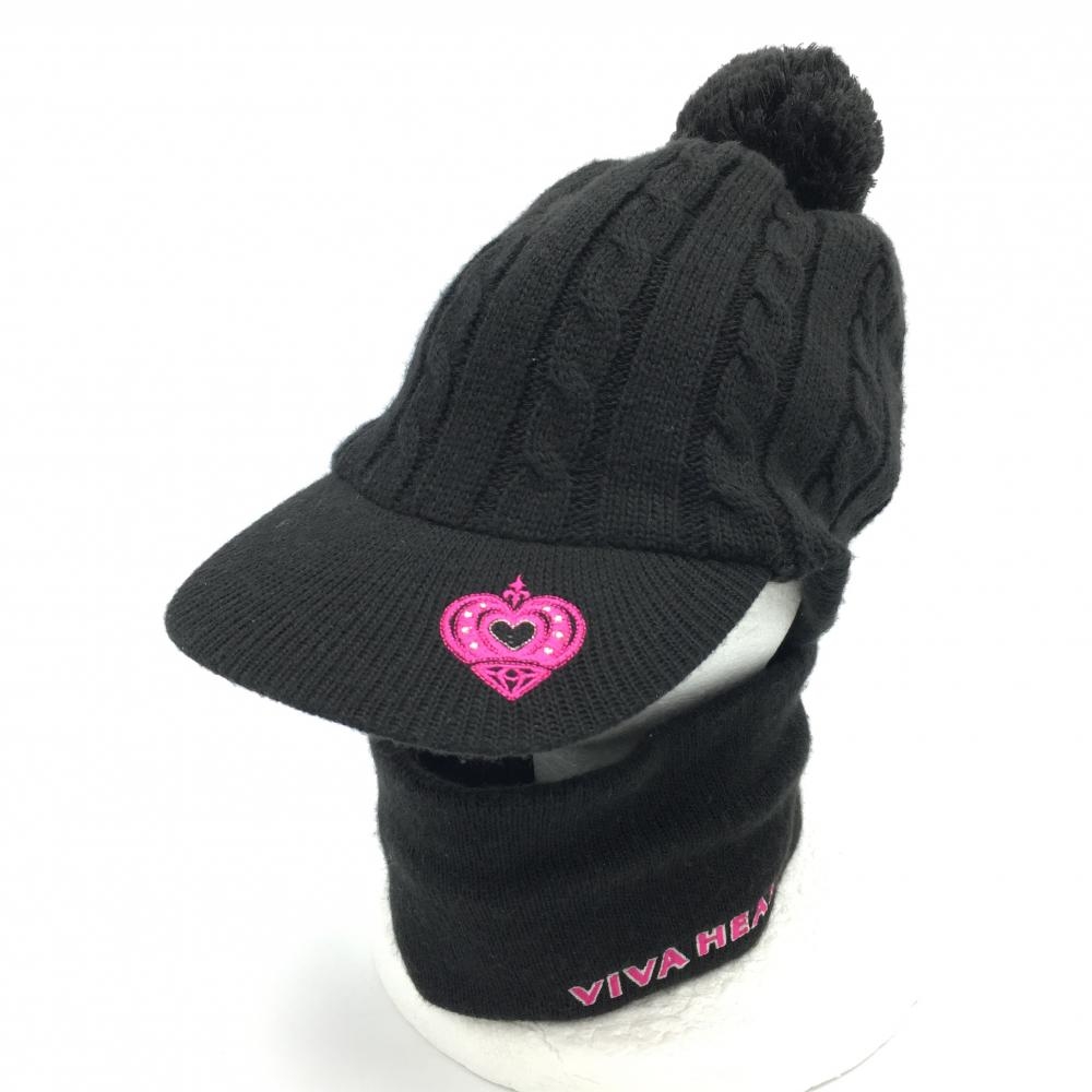 VIVA HEART ビバハート スニード付き 2WAYニットキャップ 黒×ピンク ロゴ刺しゅう レディース 40 ゴルフウェア