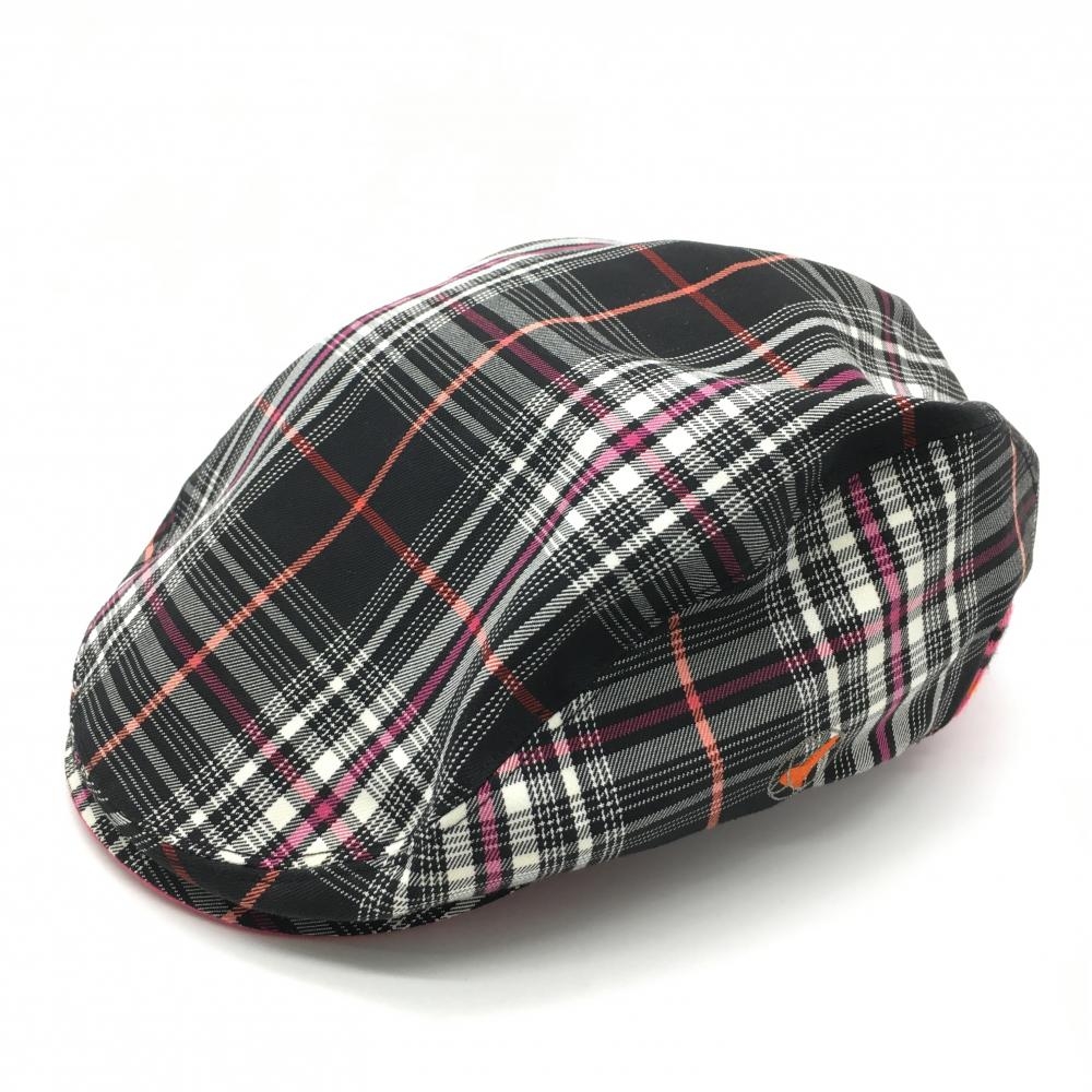 【美品】ビバハート ハンチング帽 黒×白 チェック 後ろリブ レディース 40(M) ゴルフウェア VIVA HEART