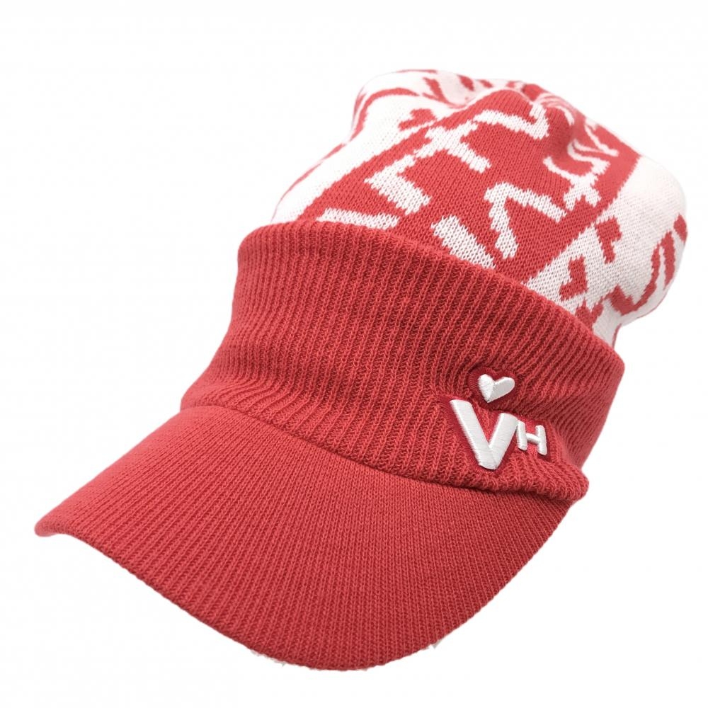 【新品】ビバハート つば付ニット帽 レッド×白 クラウン総柄 レディース 40 ゴルフウェア VIVA HEART