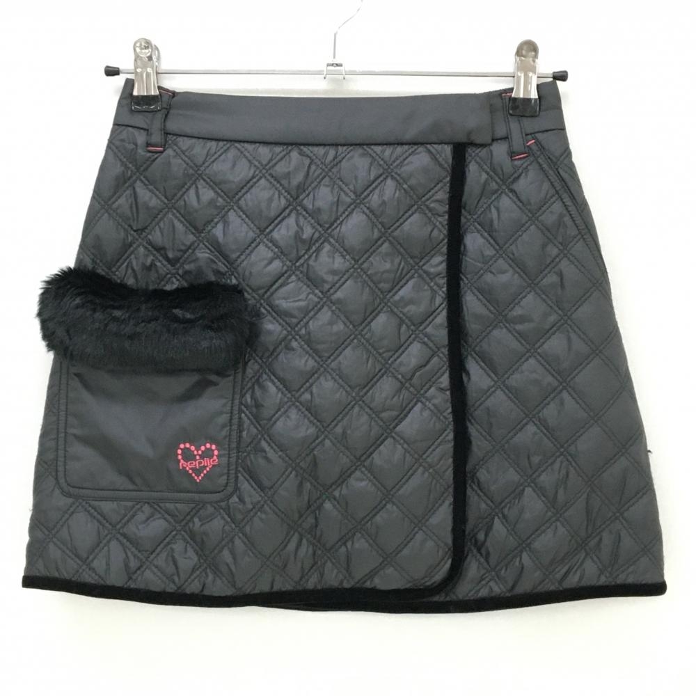 【超美品】ビバハートreplie 中綿スカート 黒 キルティング 裏起毛 ポケット口ファー レディース 38(S) ゴルフウェア VIVA HEART