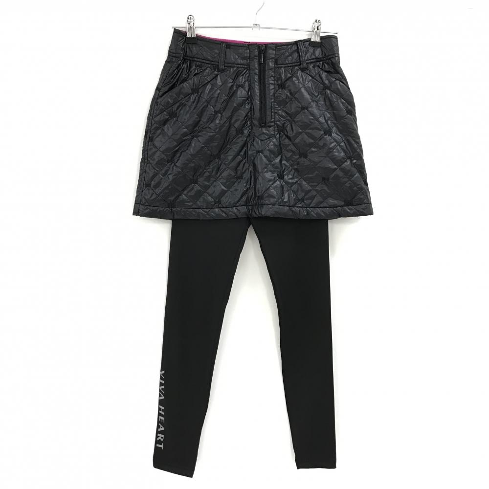 【美品】ビバハート レギンス付き中綿スカート 黒 キルティング 刺しゅう総柄  レディース 40(M) ゴルフウェア VIVA HEART