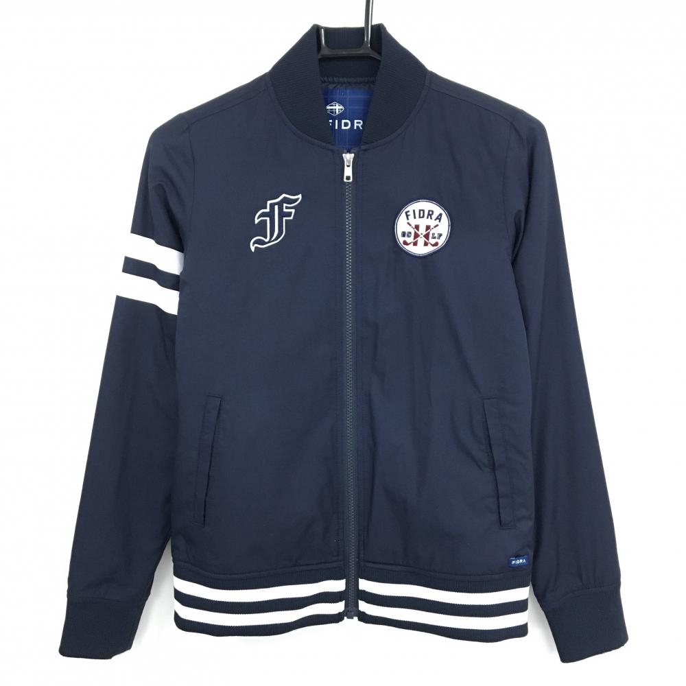【美品】フィドラ 中綿ジャケット ネイビー×白 袖・裾ライン ロゴワッペン  レディース S/P ゴルフウェア FIDRA