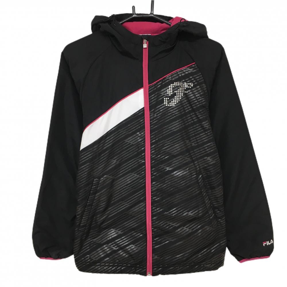 フィラゴルフ 中綿ジャケット 黒×ピンク 裏微起毛 ロゴプリント レディース L ゴルフウェア FILA GOLF