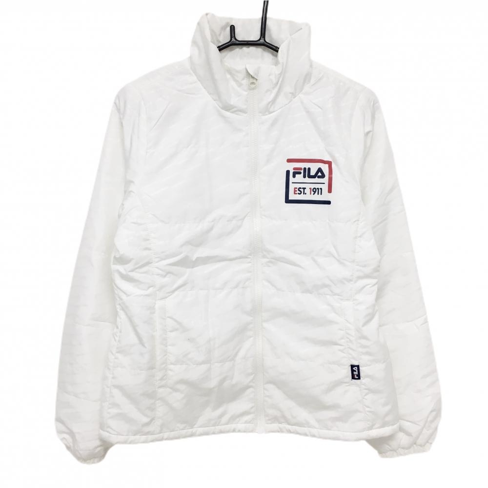 【超美品】フィラゴルフ 中綿ジャケット 白 ロゴ総柄 胸ロゴプリント レディース L ゴルフウェア FILA GOLF