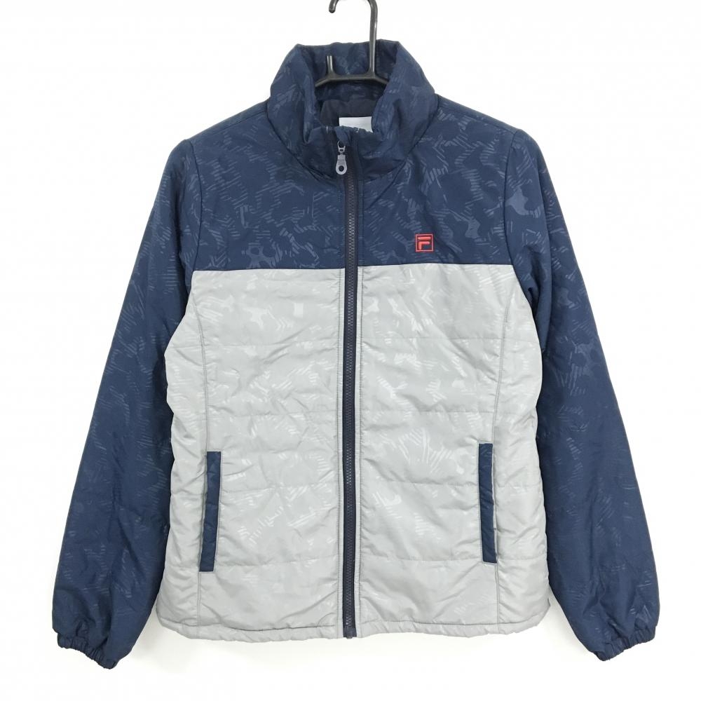 【美品】フィラゴルフ 中綿ジャケット ネイビー×グレー 地模様 ロゴ刺しゅう  レディース L ゴルフウェア FILA GOLF