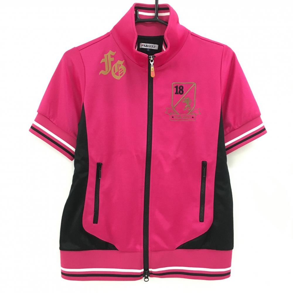 【美品】フィラゴルフ 半袖ジャケット ピンク×黒 胸元ロゴ刺しゅう  レディース L ゴルフウェア FILA GOLF