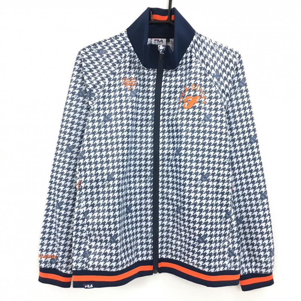 【超美品】フィラゴルフ ジャケットブルゾン 白×ネイビー 千鳥柄 ロケット レディース L ゴルフウェア FILA GOLF