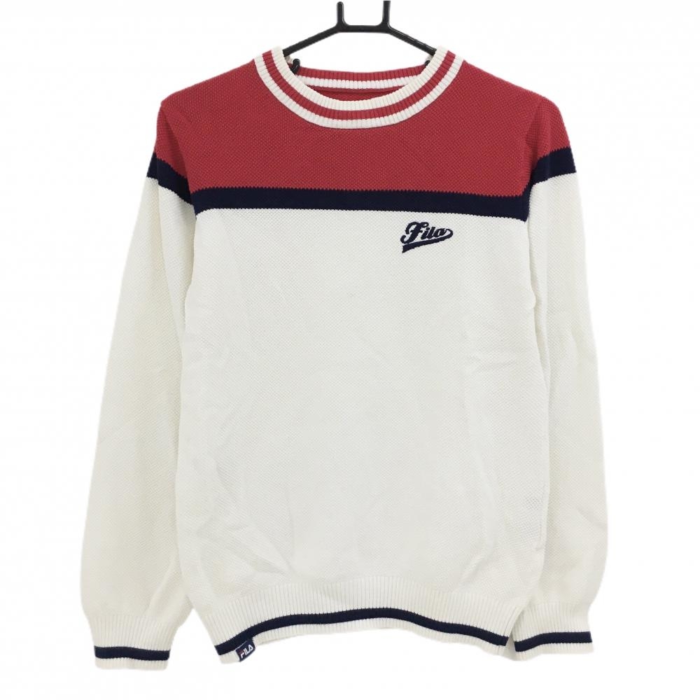 【美品】フィラゴルフ セーター 白×レッド×ネイビー ニット 綿100％ レディース L ゴルフウェア FILA GOLF