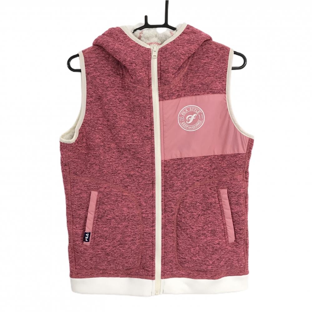 【美品】フィラゴルフ リバーシブルアウターベスト ピンク×白 地模様 裏ボア ロゴ刺しゅう レディース L ゴルフウェア FILA GOLF