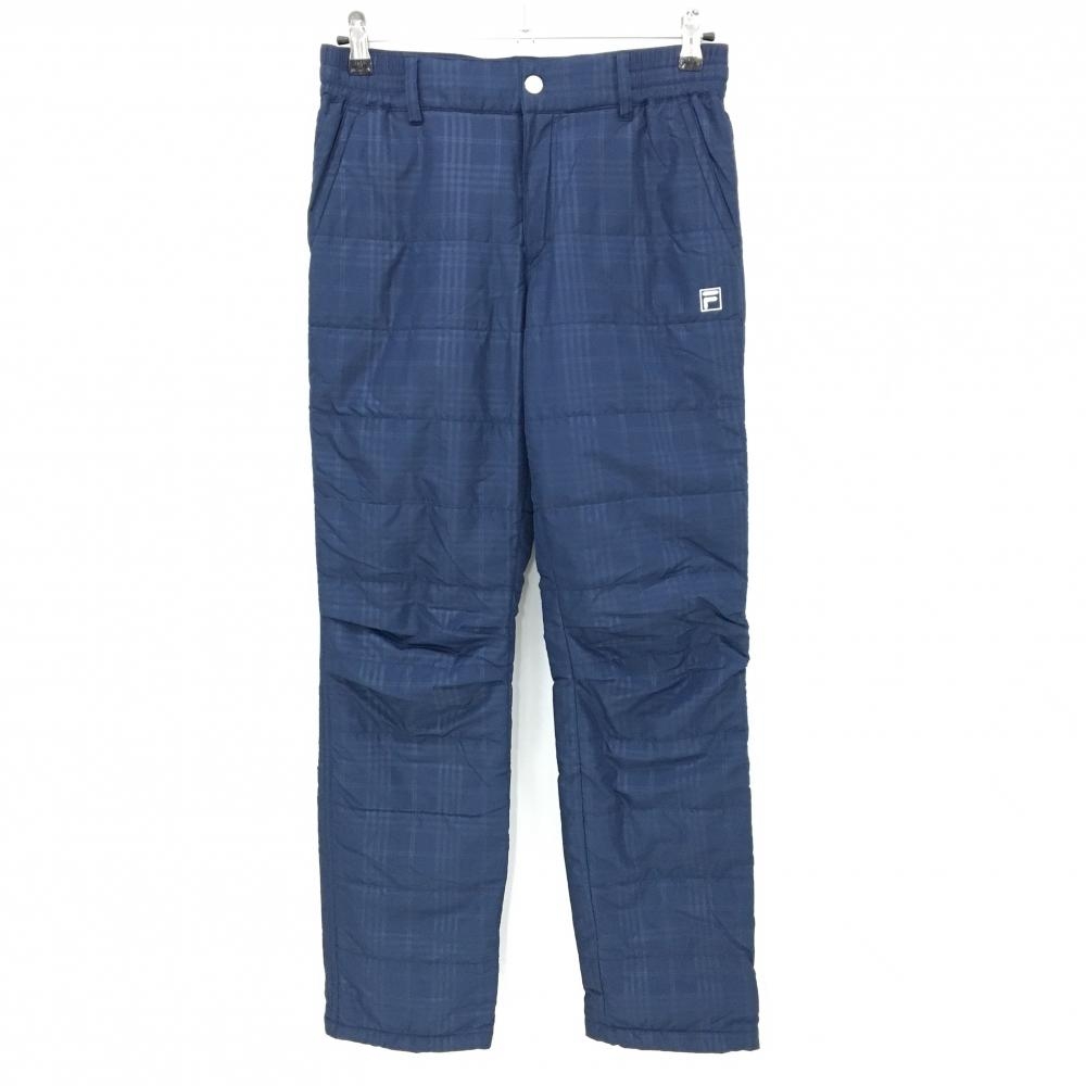 【超美品】フィラゴルフ 中綿パンツ ネイビー チェック柄地模様 裾ドローコード ウエストゴム 調節紐 レディース L ゴルフウェア FILA GOLF