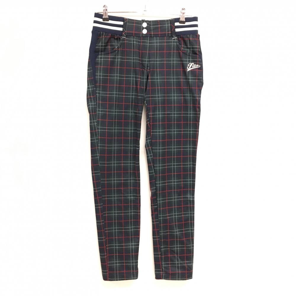 【超美品】フィラゴルフ パンツ ネイビー×グリーン チェック ウエスト一部ゴム 裏起毛 ストレッチ レディース L ゴルフウェア FILA GOLF