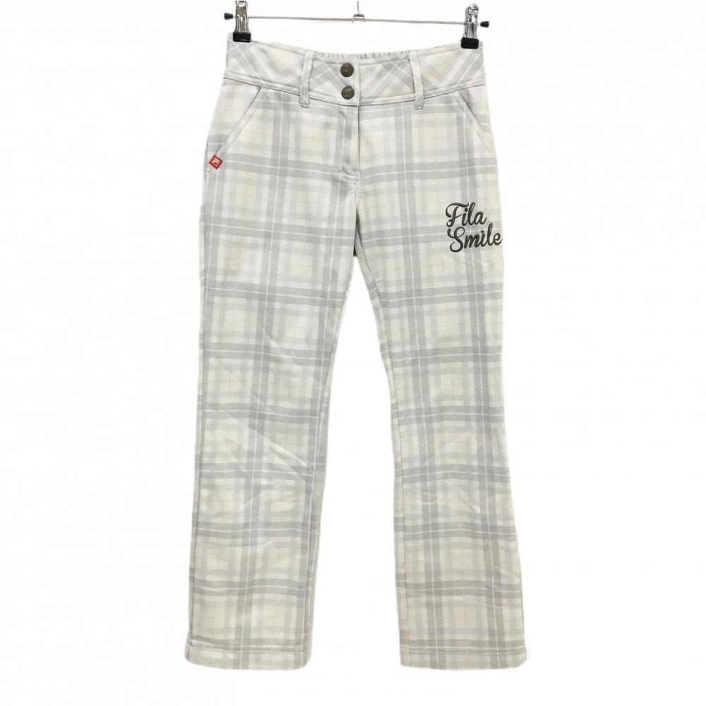 フィラゴルフ パンツ 白×ライトグレー チェック ロゴ刺しゅう 裏微起毛 レディース M ゴルフウェア FILA GOLF