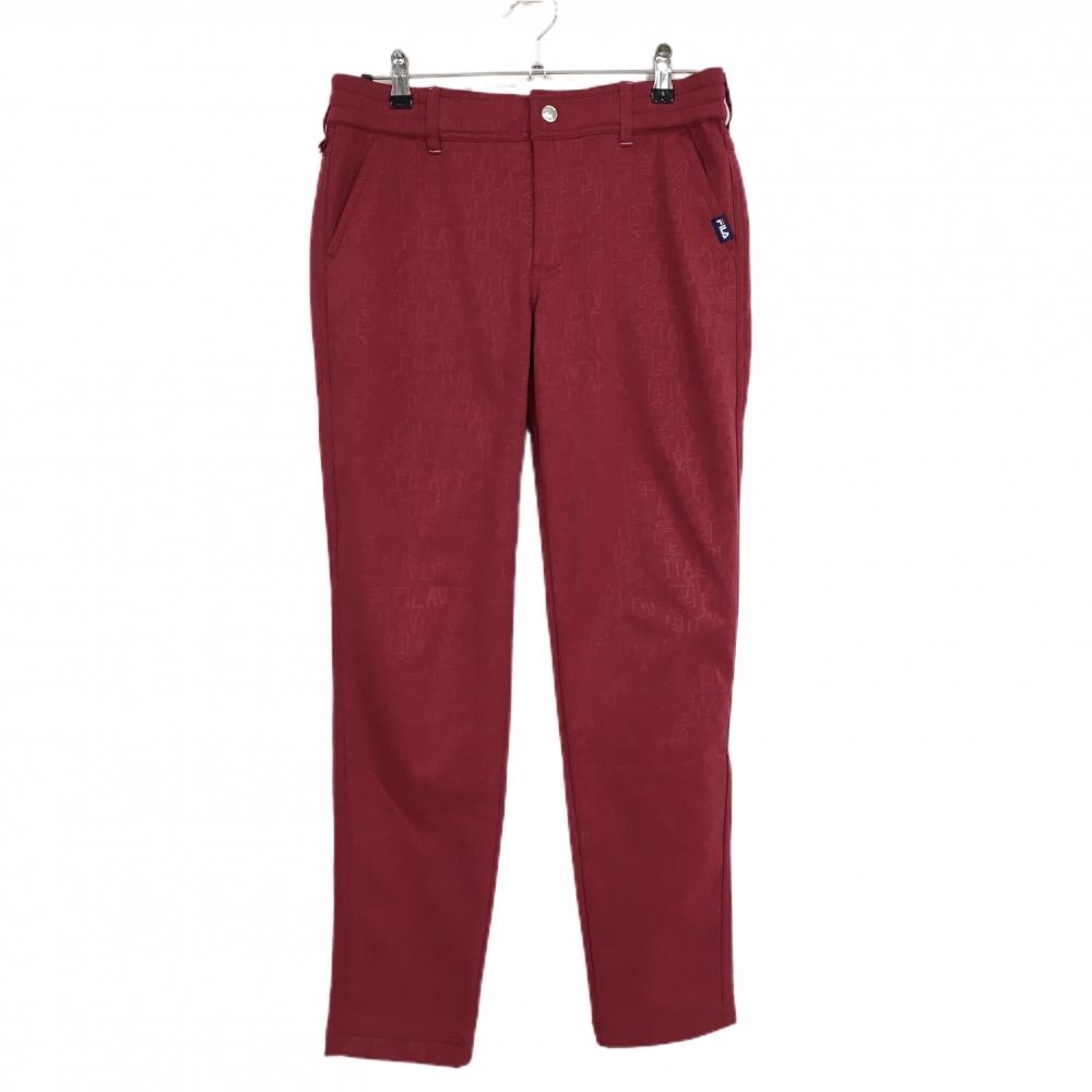 【超美品】フィラゴルフ パンツ レッドピンク 地模様 ロゴ刺しゅう ストレッチ 裏起毛 レディース LL ゴルフウェア FILA GOLF