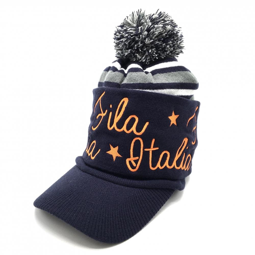 【新品】フィラゴルフ 2WAYつば付きニット帽 ネイビー×オレンジ ボンボン付き ネックウォーマー レディース F ゴルフウェア FILA GOLF