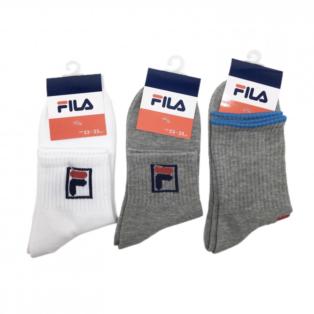 【新品】フィラ ソックス3点セット グレー×白 ロゴ レディース 23～25 ゴルフウェア FILA GOLF