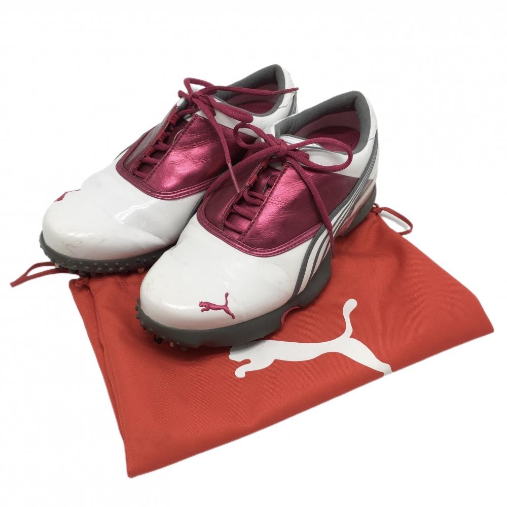 プーマ ゴルフシューズ 白×ボルドー エナメル 184248 収納袋付 レディース 24.5 ゴルフウェア PUMA