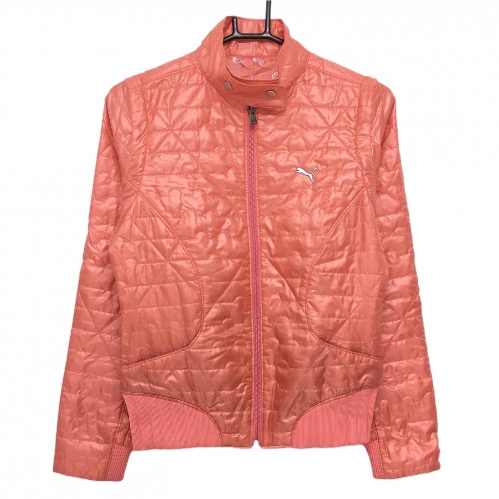 【美品】プーマ 2WAY中綿リバーシブルジャケット サーモンピンク キルティング風 裏ボール総柄 袖着脱可 レディース M ゴルフウェア PUMA