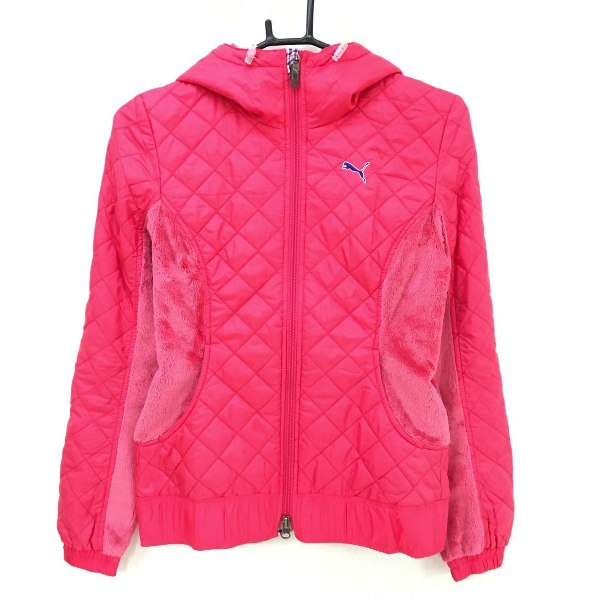 【美品】プーマ 中綿切替ジャケット ピンク キルティング 袖下・サイドファー フード付 レディース S ゴルフウェア PUMA