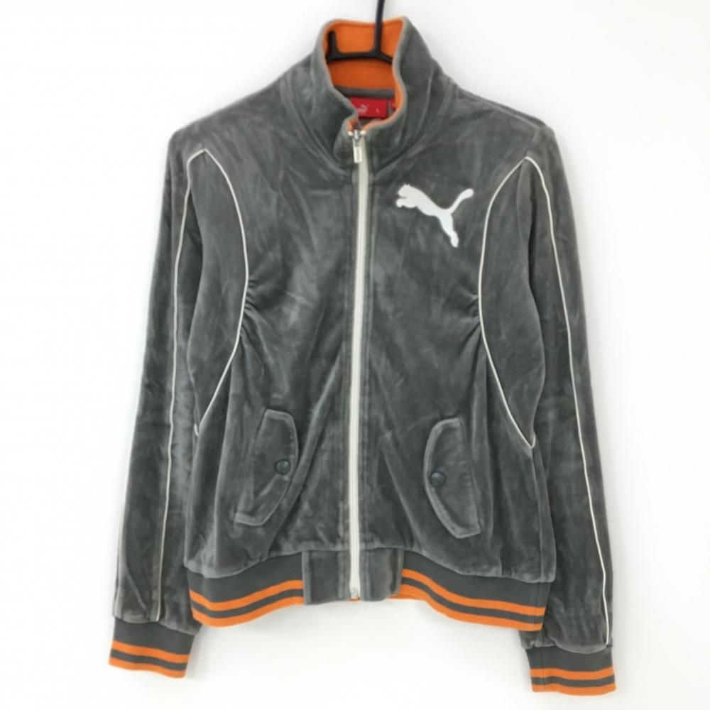 【美品】プーマ ジップブルゾン グレー×オレンジ ビッグロゴ刺しゅう コットン混 レディース L ゴルフウェア PUMA