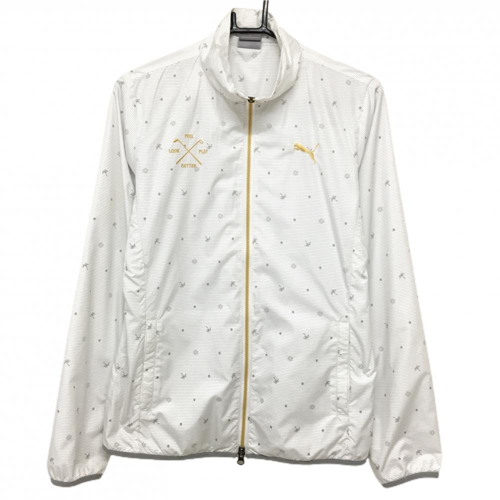 【美品】プーマ ジャケット 白×グレー ボーダー 総柄 ヤシの木 ダブルジップ 裏地メッシュ レディース XL ゴルフウェア PUMA