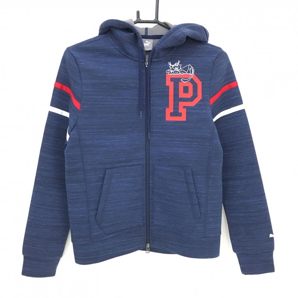 【美品】プーマ ジップパーカー 杢ネイビー×レッド 袖ライン ダブルジップ レディース S ゴルフウェア PUMA