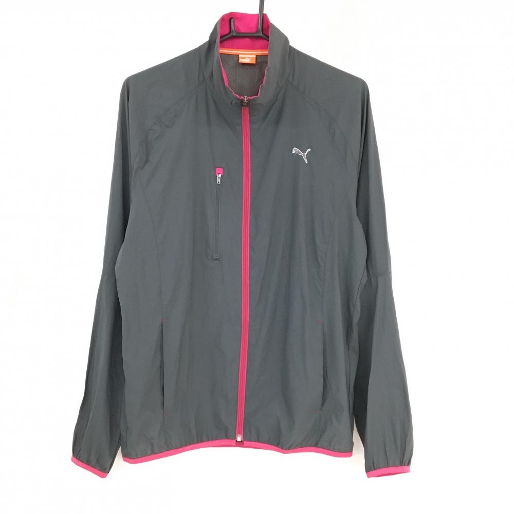 【超美品】プーマ ナイロンジャケット グレー×ピンク 胸ロゴ刺しゅう レディース O(XL) ゴルフウェア PUMA